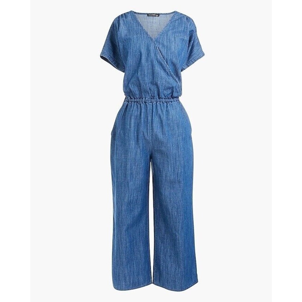 J. Crew Mercantile Chambray Denim Wrap Jumpsuit  Size M Elastic Waist Pockets